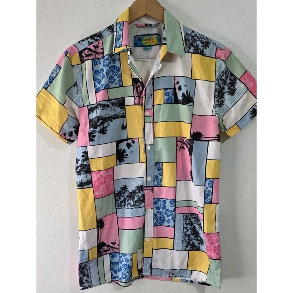 Surf Society Men Button Up Shirt M Pink Colorblock Floral Hawaiian Y2K 90s Beach